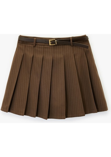 Viskon Karışımlı Kemerli Pileli Çizgili Mini Şort Etek