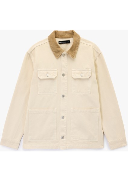 Rahat Kalıp Cepli Pamuklu Renk Kontrastlı Gömlek Yaka Jean Ceket