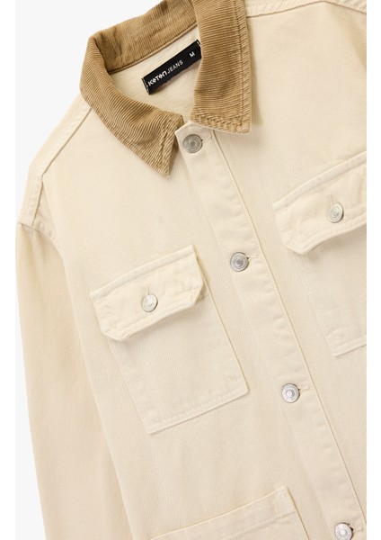 Rahat Kalıp Cepli Pamuklu Renk Kontrastlı Gömlek Yaka Jean Ceket modelleri