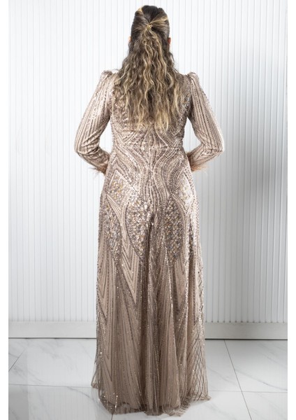 Taş Payet İşlemeli Abiye Bej AHN270