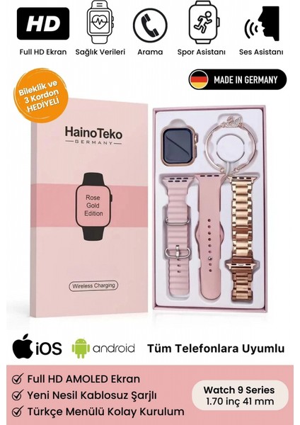 Yeni Nesil 3 Kordonlu Kadın Akıllı Saat Spor ve Sağlık Sensörlü Watch 9 Series Tasarım Saat Pembe