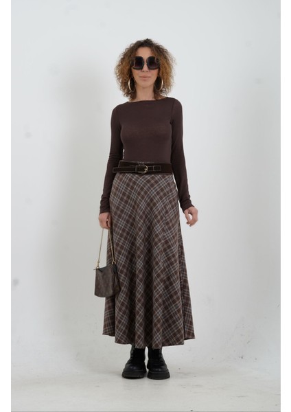 Kahve Gri Kemerli Yırtmaçlı Ekose Etek fiyatları