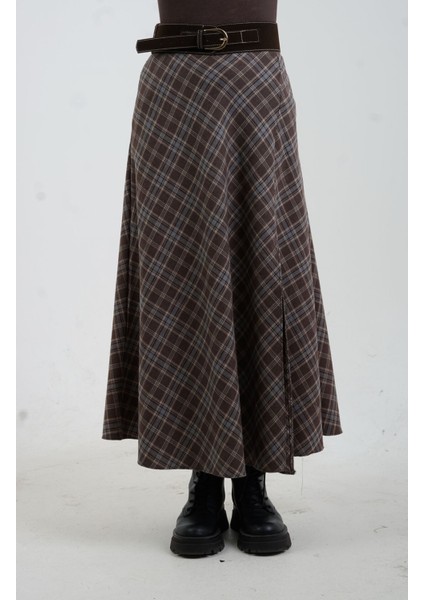 Kahve Gri Kemerli Yırtmaçlı Ekose Etek fırsatları