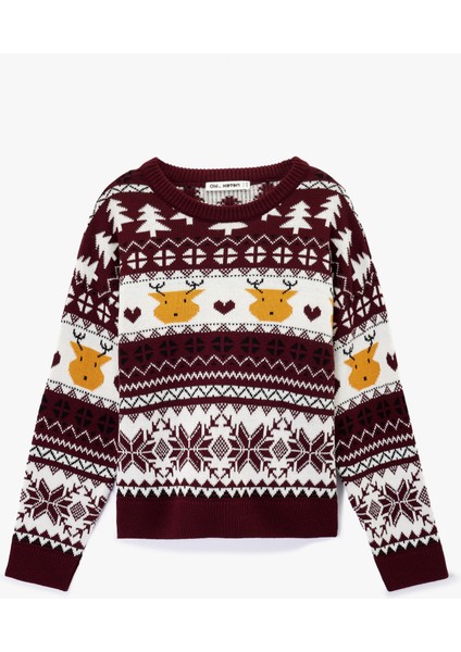 Uzun Kollu Bisiklet Yaka Jakarlı Triko Yılbaşı Kazağı