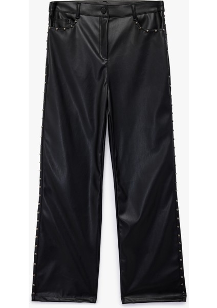 Normal Bel Düğmeli Cepli Metal Aksesuarlı Düz Paça Suni Deri Pantolon