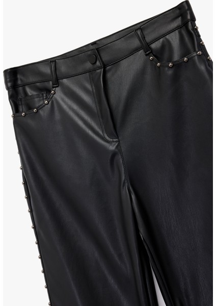 Normal Bel Düğmeli Cepli Metal Aksesuarlı Düz Paça Suni Deri Pantolon modelleri
