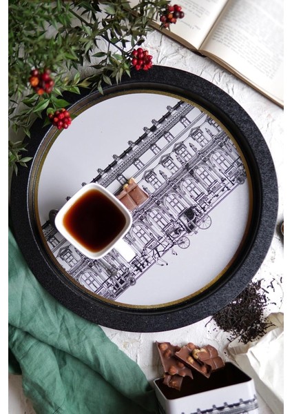 Desenli Yuvarlak Metal Tepsi - Çay Kahve Tepsisi - Sunum Tepsisi 37 cm (City)