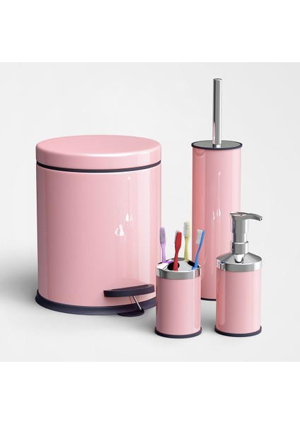 4'lü Banyo Seti Pedallı 5lt Çöp Kovası,tuvalet Fırçası,sıvı Sabunluk,diş Fırçalık