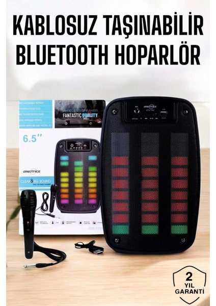 Kablosuz Bluetooth Hoparlör Taşınabilir 6.5 Inç LED Işık Kareoke