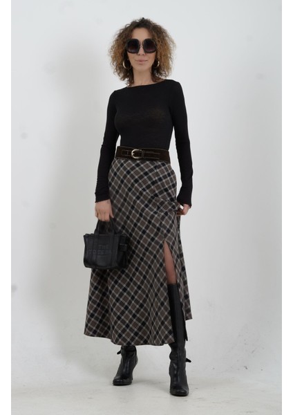 Kahve Siyah Kemerli Yırtmaçlı Ekose Etek fiyatları