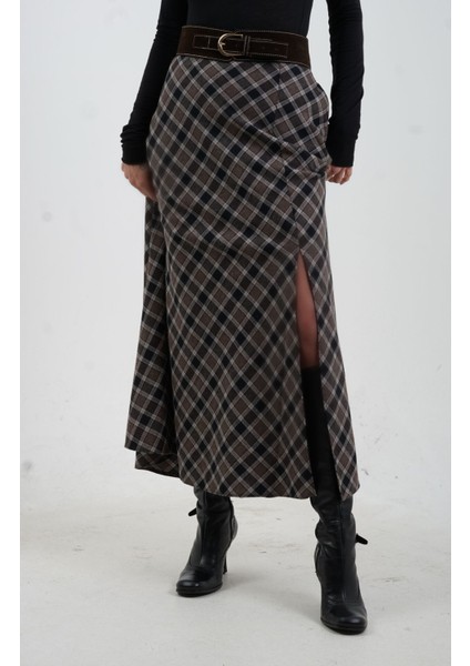 Kahve Siyah Kemerli Yırtmaçlı Ekose Etek modelleri