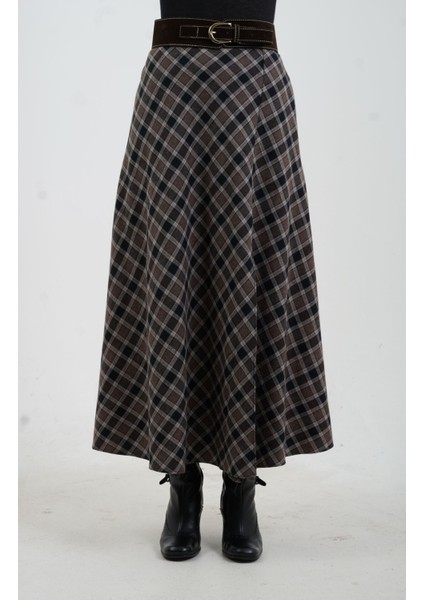 Kahve Siyah Kemerli Yırtmaçlı Ekose Etek fırsatları