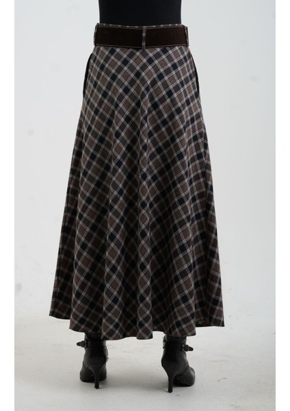 Kahve Siyah Kemerli Yırtmaçlı Ekose Etek indirimleri