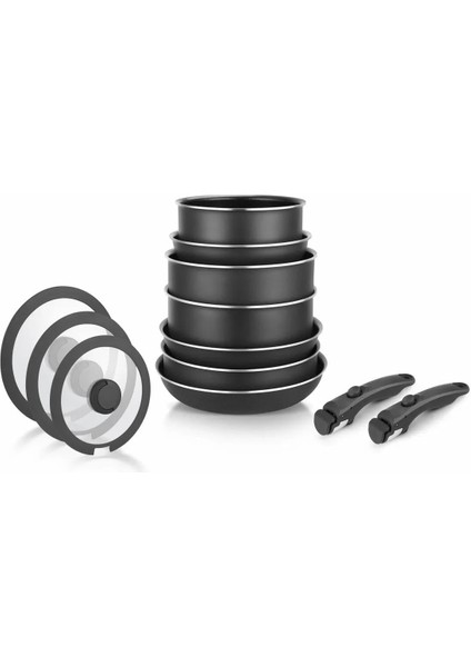 Titanium 12 Parça Set: 20-24CM Derin & 24-26CM Sığ Tencere 22-26-28CM Tava 20CM-24CM-26CM Cam Kapak 2 Adet Özel Sap