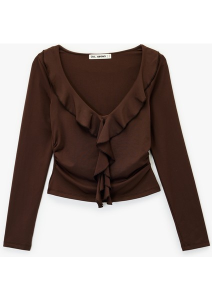 Fırfır Detaylı Uzun Kollu Slim Fit V Yaka Tişört