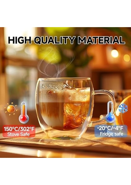 Çift Katmanlı Cam Kupa 250 ml Lüx Çift Cidarlı Kupa - Termos - Iki Duvarlı Yapısı ile Uzun Süre -Soğuk Tutma Özelliği, Kulplu Kahve Espresso Bardağı Brosilikat Layer Cup fiyatları