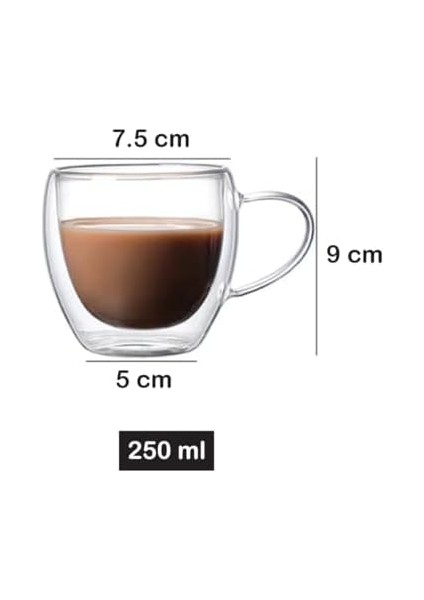 Çift Katmanlı Cam Kupa 250 ml Lüx Çift Cidarlı Kupa - Termos - Iki Duvarlı Yapısı ile Uzun Süre -Soğuk Tutma Özelliği, Kulplu Kahve Espresso Bardağı Brosilikat Layer Cup modelleri