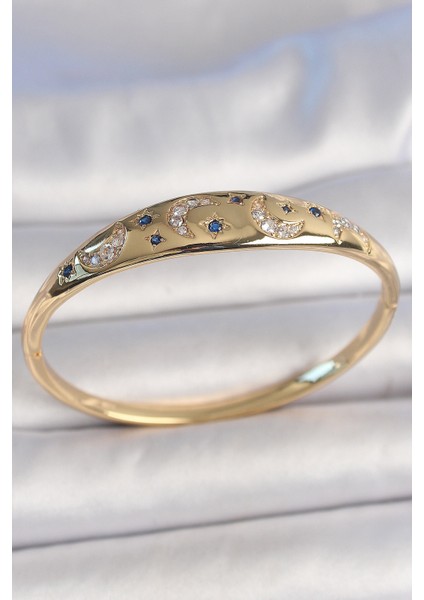 Pirinç Gold Renk Zirkon Taşlı Hilal Işleme Mavi Taşlı Yıldız Detay Kadın Kelepçe Öğretmenler Sevgililer Kadınlar ve Anneler Günü Hediyesi