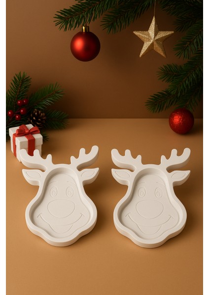 Yılbaşı Dekoratif 2’li Geyik Tabak Seti I Ham (Boyanmamış) I Döküm Seramik Tozu I Boyanabilir