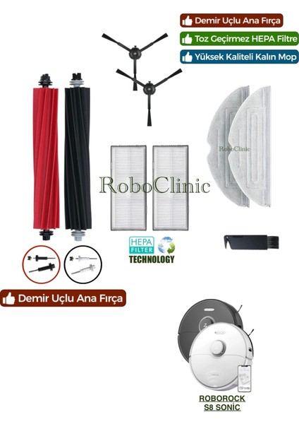 Roborock S8 Sonic Mopping Robot Süpürge Uyumlu Yedek Fırça, Hepa Filtre, Mop - 9 Parça