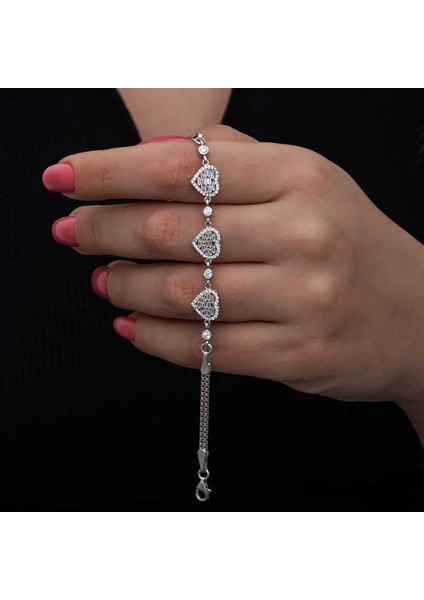 ​925 Ayar Gümüş Baget Taşlı Kalp Kadın Bileklik T8559 (770770)