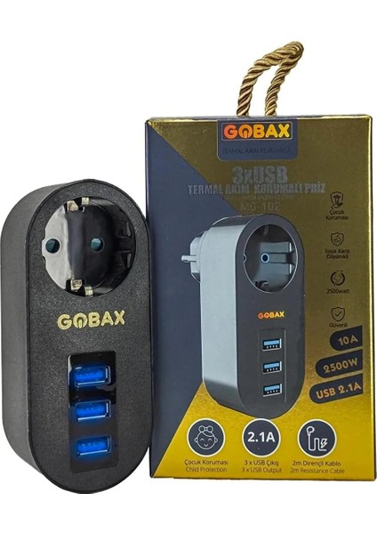 Gobax Termal Akım Korumalı Akıllı Priz 3xusb Li, Çocuk Korumalı, LED Işıklı, Yüksek Isıya Dayanıklı (5047)
