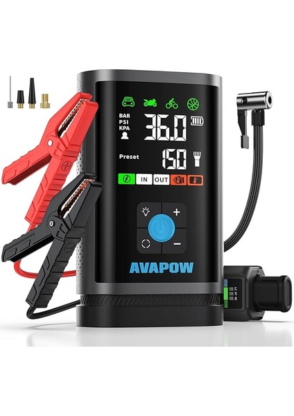 Jp3 16000MAH 3000A Zorla Çalıştırma Işlevli & Lastik Şişirme Pompalı Jump Starter Taşınabilir Akü Takviye Kiti (POWERBANK-PD30W + LCD + LED Işık)