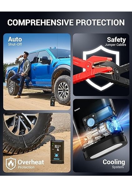 Jp3 16000MAH 3000A Zorla Çalıştırma Işlevli & Lastik Şişirme Pompalı Jump Starter Taşınabilir Akü Takviye Kiti (POWERBANK-PD30W + LCD + LED Işık) fırsatları