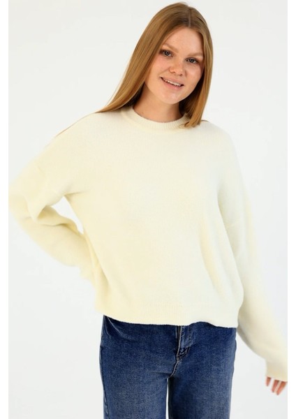 Kadın Bisiklet Yaka Sakallı Triko Kazak Beyaz - 2482