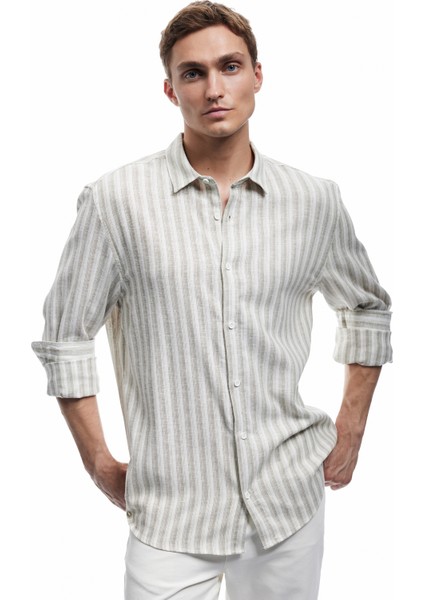 Keten Viskon Karışımlı Regular Fit Klasik Yaka Uzun Kollu Çizgili Gömlek