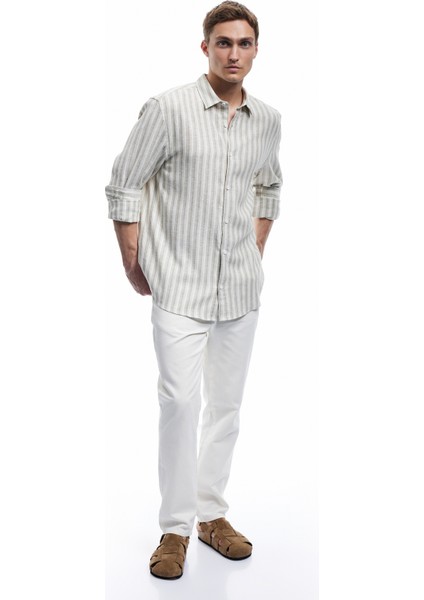 Keten Viskon Karışımlı Regular Fit Klasik Yaka Uzun Kollu Çizgili Gömlek fiyatları
