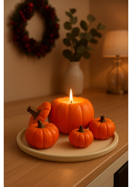 5’li Dekoratif Kabak Seti Yeşil Tabaklı I Soya Wax Mum I Döküm Seramik Tozu I El Boyaması