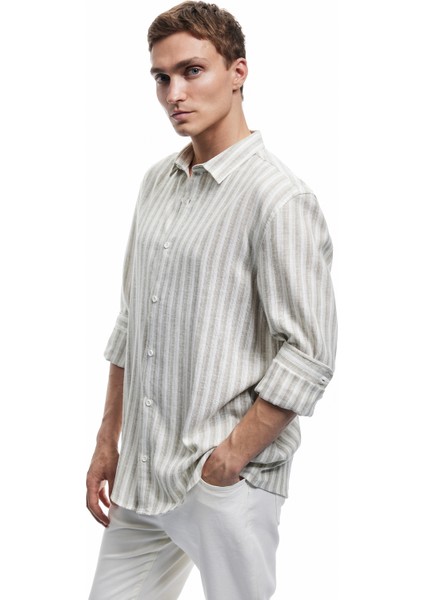 Keten Viskon Karışımlı Regular Fit Klasik Yaka Uzun Kollu Çizgili Gömlek modelleri