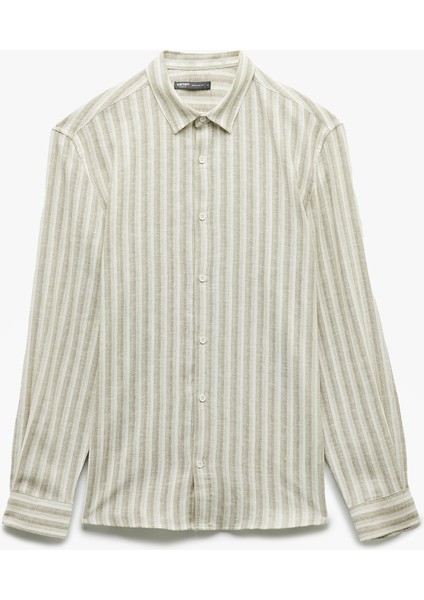 Keten Viskon Karışımlı Regular Fit Klasik Yaka Uzun Kollu Çizgili Gömlek fırsatları