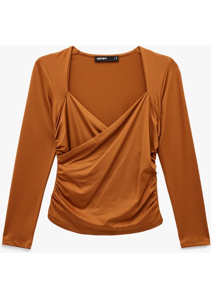 Uzun Kollu Slim Fit Kruvaze V Yaka Saten Bluz