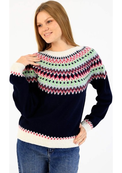 Kadın Bisiklet Yaka Desenli Triko Kazak Lacivert - 2552