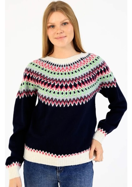 Kadın Bisiklet Yaka Desenli Triko Kazak Lacivert - 2552 fiyatları