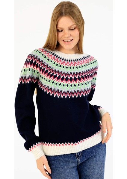 Kadın Bisiklet Yaka Desenli Triko Kazak Lacivert - 2552 modelleri