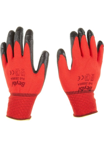 PU17 Pn5 Zebra Örme Nitril Eldiven Çift, No 10, Kırmızı Siyah