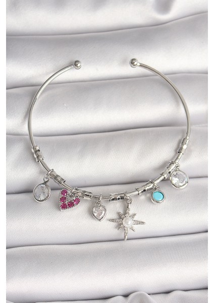 Pirinç Gümüş Renk Sallantı Zirkon Taşlı Kutup Yıldız Figür Kalp Detay Charm Kadın Bileklik Öğretmenler Sevgililer Kadınlar ve Anneler Günü Hediyesi