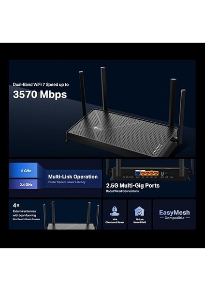Archer BE230, BE3600 Mbps, Fiber Destekli, 2× 2.5 Gbps Wan/lan Port + 3× Gbps Port, Vpn Destekli, Homesheild, Easy Mesh Uyumlu, Dual-Band Wi-Fi 7 Router fırsatları