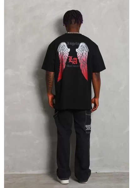 Unisex Oversize Baskılı Bisiklet Yaka T-Shirt - Siyah fiyatları