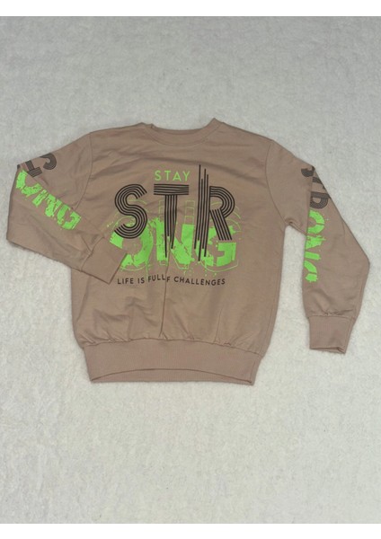 Sty Yeşil Siyah Yazı Baskılı Bisiklet Yaka Erkek Çocuk Sweatshirt Vizon