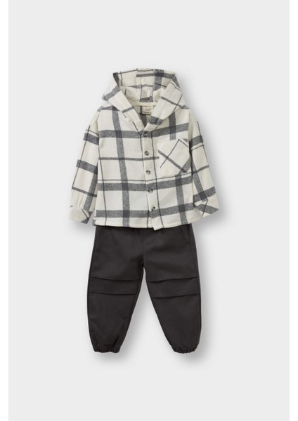 Erkek Bebek 2'li Takım Kareli Twill Kapüşonlu Gömlek Pantolon G3225A525WN