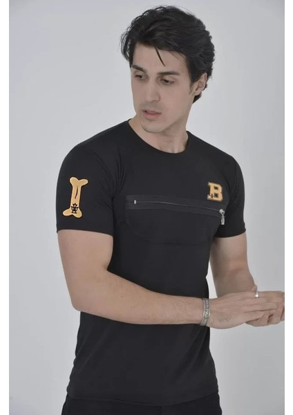 Unisex Göğüs Fermuarlı Baskılı T-Shirt - Siyah