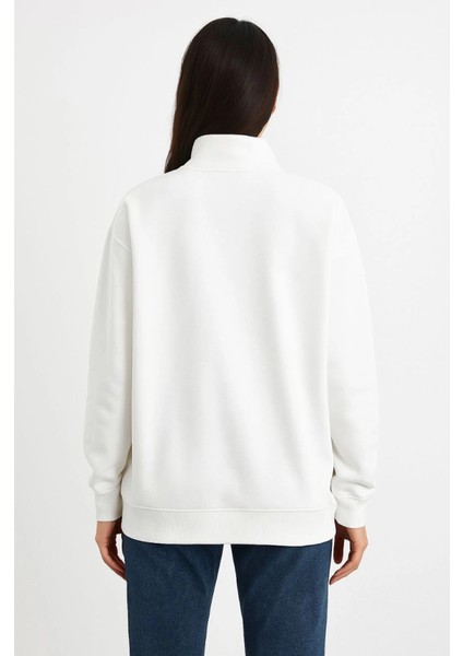 Üç Iplik Dık Yaka Yarım Fermuarlı Sweatshirt - Beyaz fiyatları