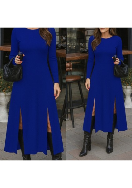 Kadın Uzun Kollu Hafif Kayık Yaka Sırt Dekolteli Yırtmaç Detaylı Viskon Tam Boy Elbise modelleri