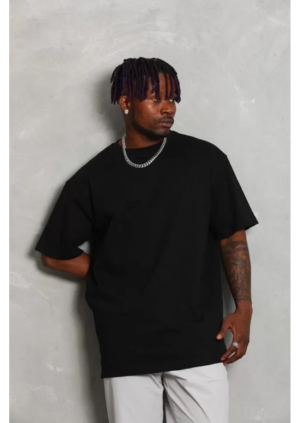 Unisex Oversize Düz Bisiklet Yaka T-Shirt - Siyah modelleri