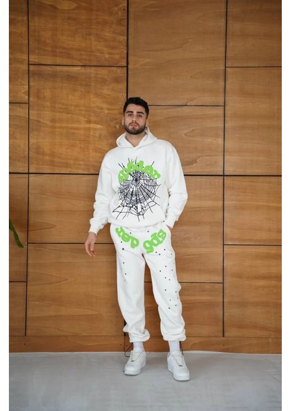 Erkek Kapüşonlu Eşofman Takım Örümcek Ağı ve Neon Yeşil Baskılı Kanguru Cepli Oversize Ra fırsatları