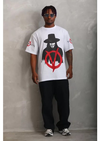 Unisex Oversize Baskılı Bisiklet Yaka T-Shirt - Beyaz